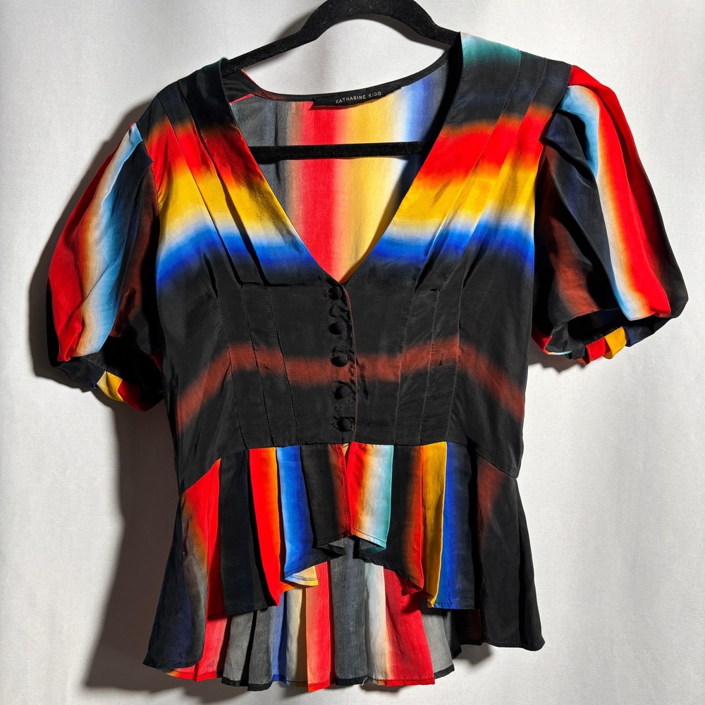 Katharine Kidd Rainbow Ombre Silk Peplum Top V Neck Puff‎ Sleeve Colorful Crop S